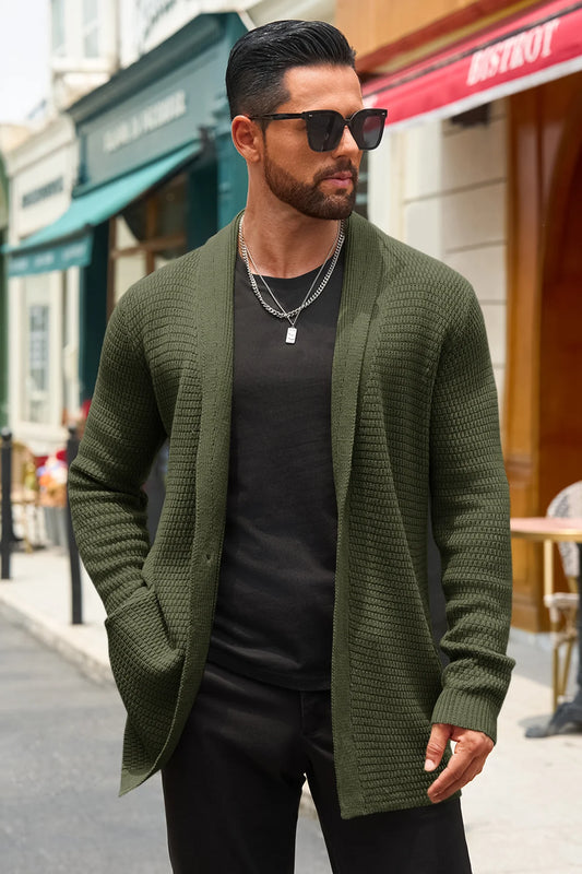 Runcati Mens Army Green Shawl Collar Long Cardigan Sweater
