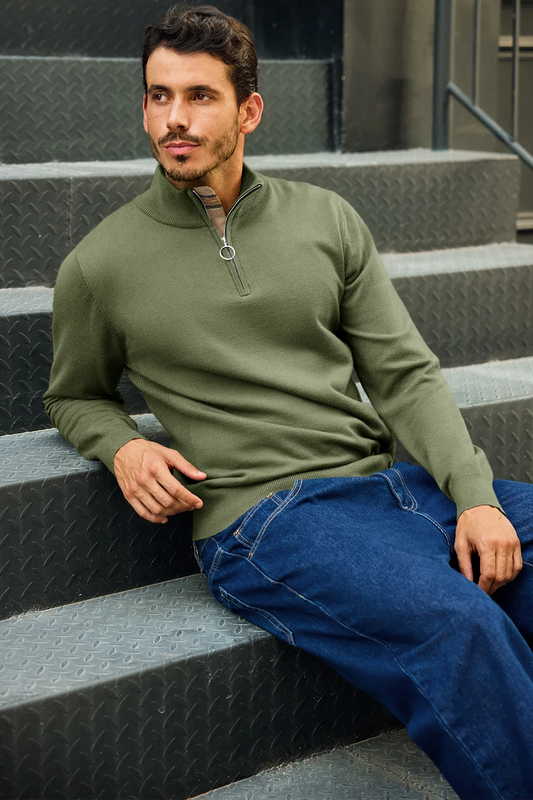 Runcati Mens Army Green Quarter-Zip Pullovers Sweaters