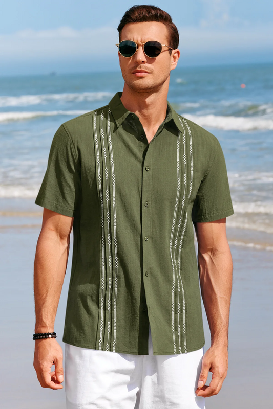 Runcati Mens Army Green Guayabera Shirts
