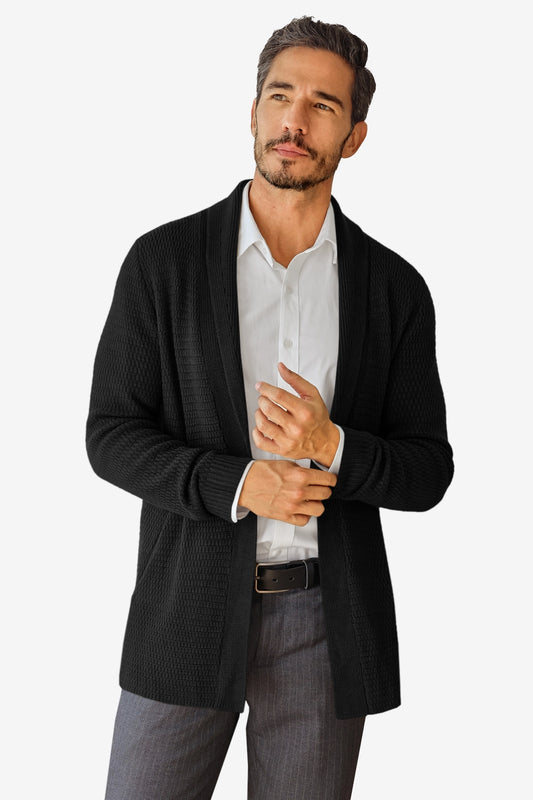 Runcati Mens Black Shawl Collar Long Cardigan Sweater