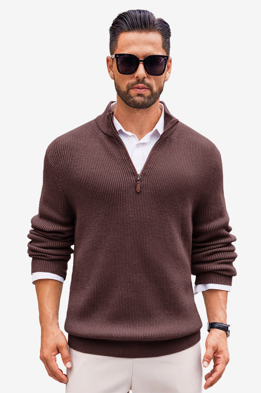 Runcati Mens Coffee Quarter-Zip Sweater