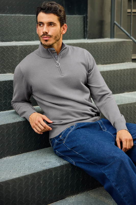 Runcati Mens Dark Grey Quarter-Zip Pullovers Sweaters