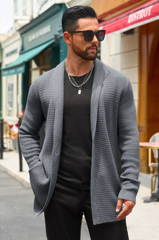 Runcati Mens Grey Shawl Collar Long Cardigan Sweater