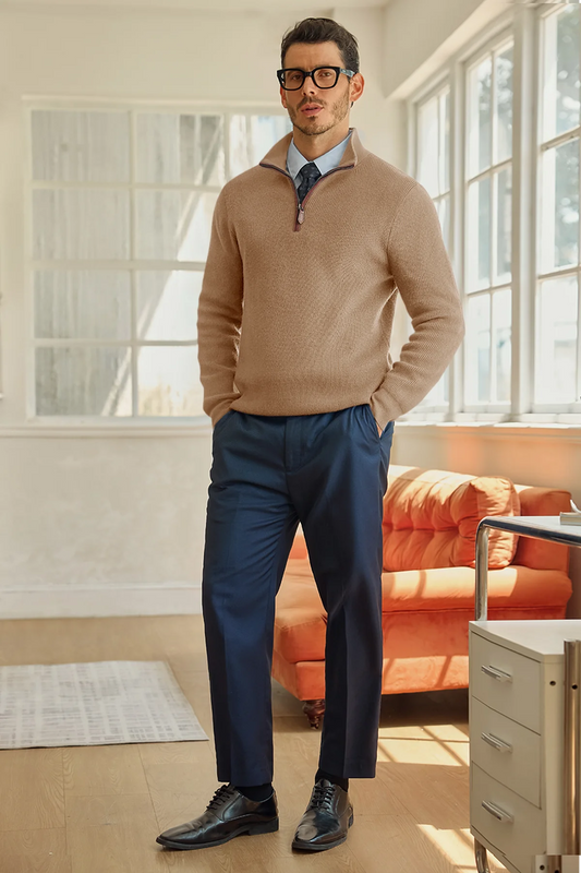 Runcati Mens Khaki Quarter-Zip Sweater