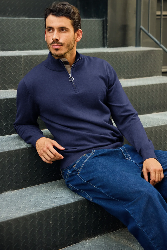 Runcati Mens Navy Blue Quarter-Zip Pullovers Sweaters
