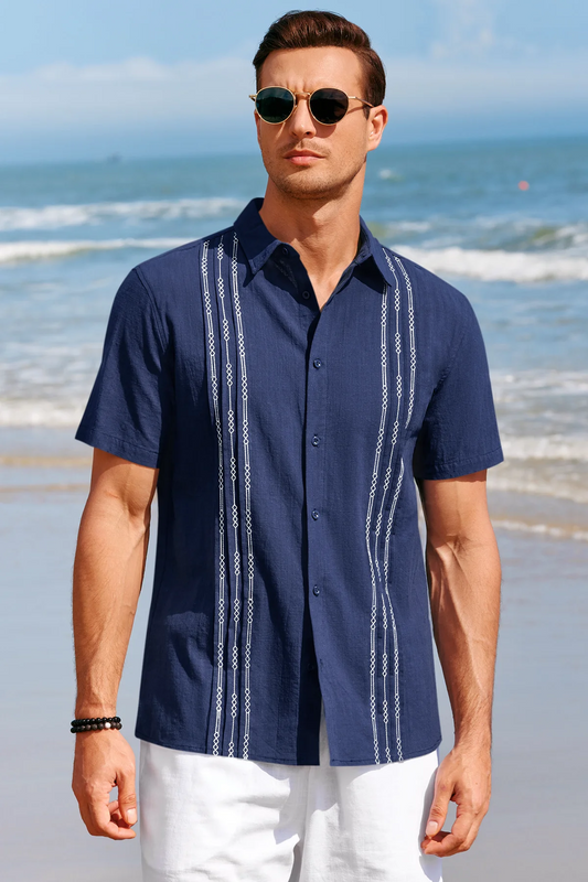 Runcati Mens Navy Blue Guayabera Shirts