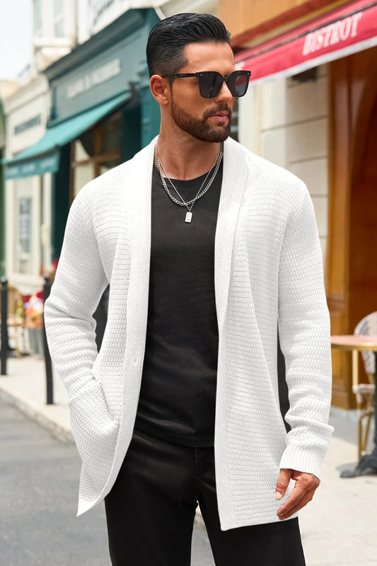 Runcati Mens White Shawl Collar Long Cardigan Sweater