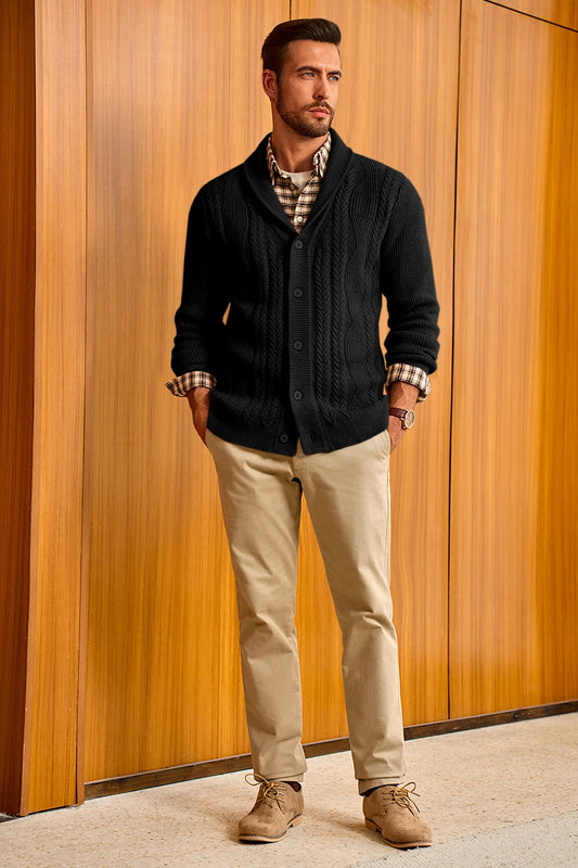Runcati Mens Black Button Down Shawl Collar Cardigan Sweaters