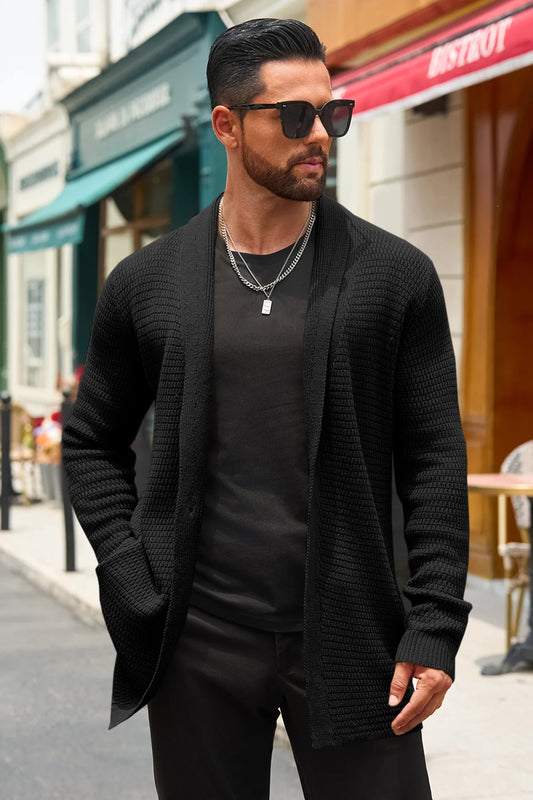 Runcati Mens Black Shawl Collar Long Cardigan Sweater