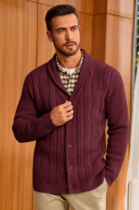 Runcati Mens Burgundy Button Down Shawl Collar Cardigan Sweaters