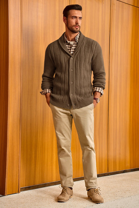Runcati Mens Coffee Button Down Shawl Collar Cardigan Sweaters