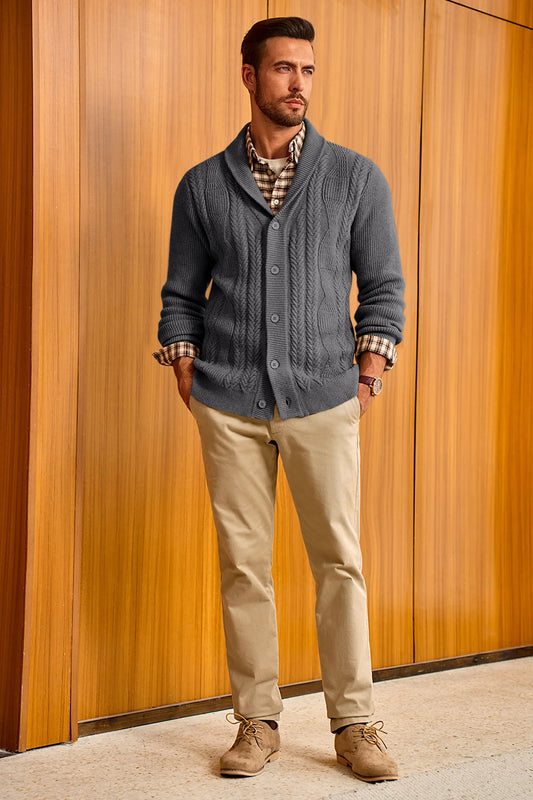 Runcati Mens Dark Grey Button Down Shawl Collar Cardigan Sweaters