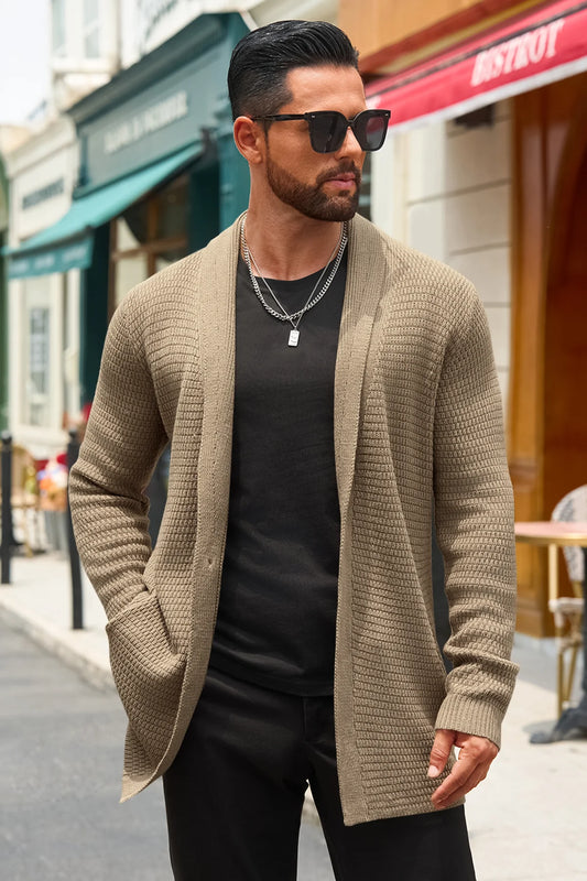 Runcati Mens Khaki Shawl Collar Long Cardigan Sweater