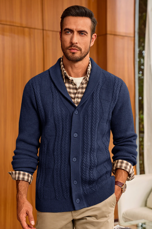 Runcati Mens Navy Button Down Shawl Collar Cardigan Sweaters
