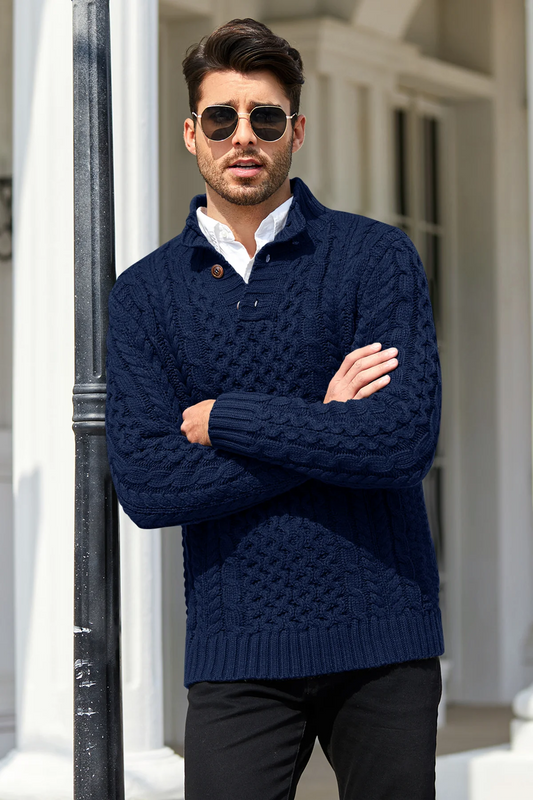 Runcati Dark Blue Stand Collar Pullover Sweater