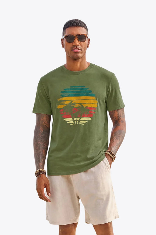 Runcati Mens Army Green Sunset Palm Tee
