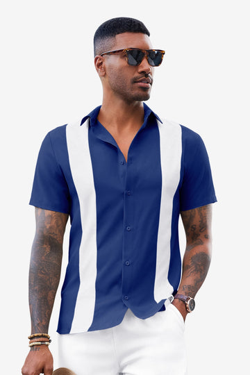 Runcati Mens Dark Blue Vintage Bowling Shirt