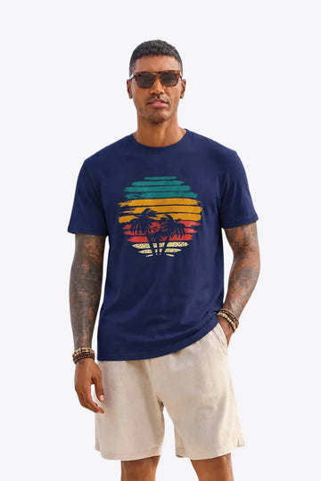 Runcati Mens Navy Sunset Palm Tee