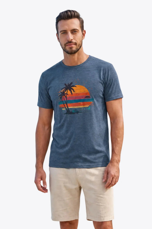 Runcati Mens Navy Tropical Print Tee