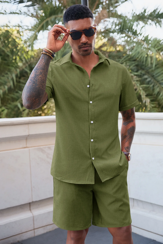 Runcati Mens Army Green Linen Short Sleeve 2 Piece Sets