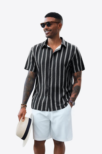Runcati Mens Black Button Down Striped Shirts