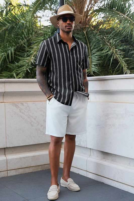 Runcati Mens Black Button Down Striped Shirts