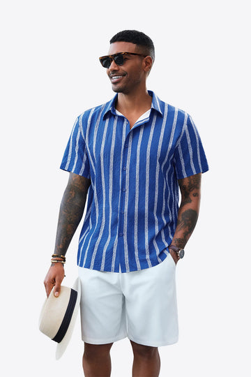 Runcati Mens Blue Button Down Striped Shirts