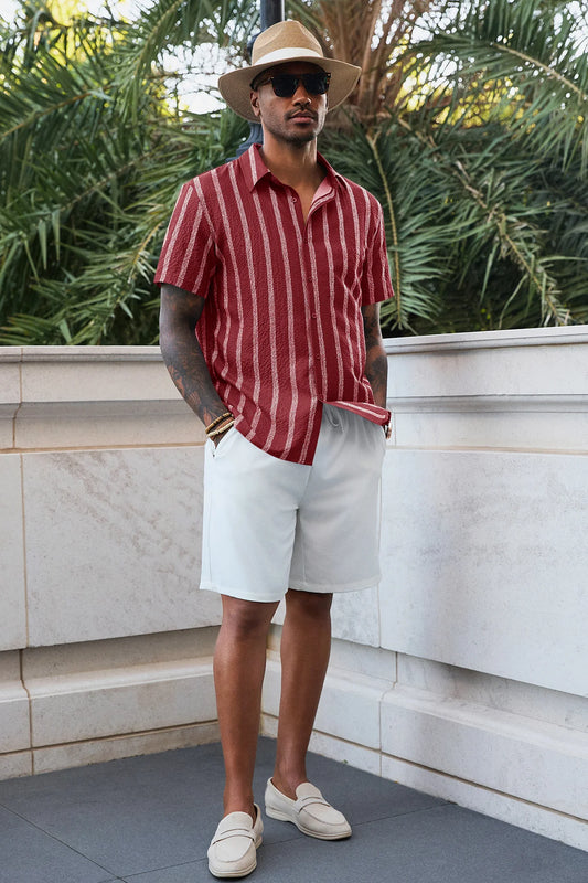 Runcati Mens Burgundy Button Down Striped Shirts