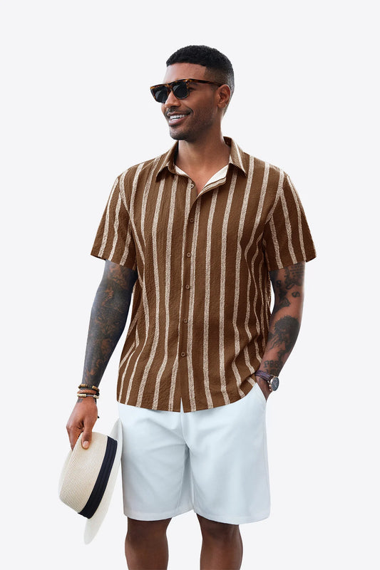 Runcati Mens Coffee Button Down Striped Shirts