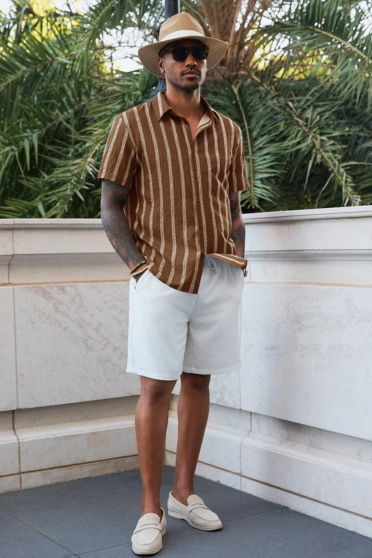 Runcati Mens Coffee Button Down Striped Shirts