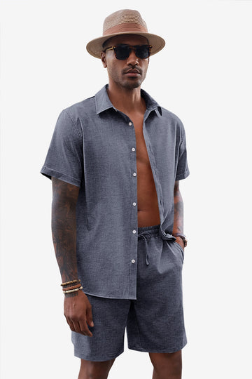 Runcati Mens Dark Blue Linen Short Sleeve 2 Piece Sets