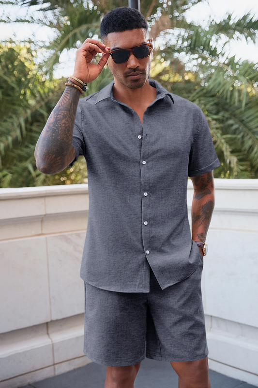 Runcati Mens Dark Blue Linen Short Sleeve 2 Piece Sets