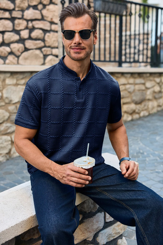 Runcati Mens Dark Blue Casual Henley Shirt
