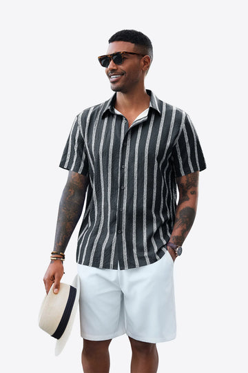 Runcati Mens Dark Grey Button Down Striped Shirts