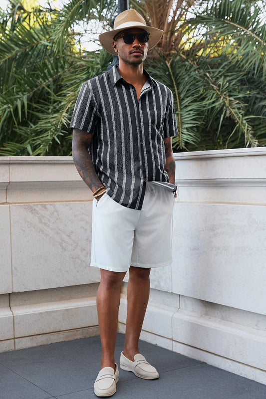 Runcati Mens Dark Grey Button Down Striped Shirts