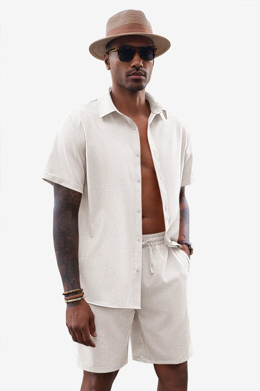 Runcati Mens White Linen Short Sleeve 2 Piece Sets