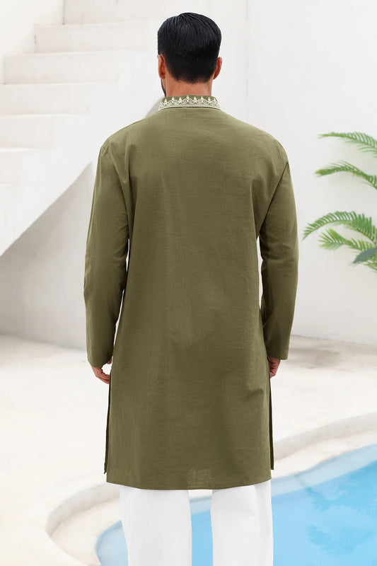 Runcati Army Green Embroidery Thobe Shirt