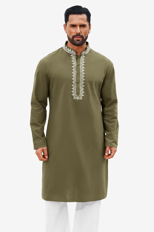 Runcati Army Green Embroidery Thobe Shirt