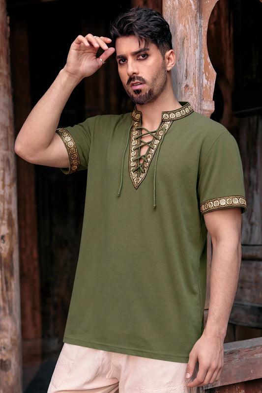 Runcati Army Green Lace Up Pirate Shirt