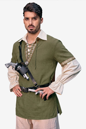 Runcati Army Green Lace Up Pirate Shirt