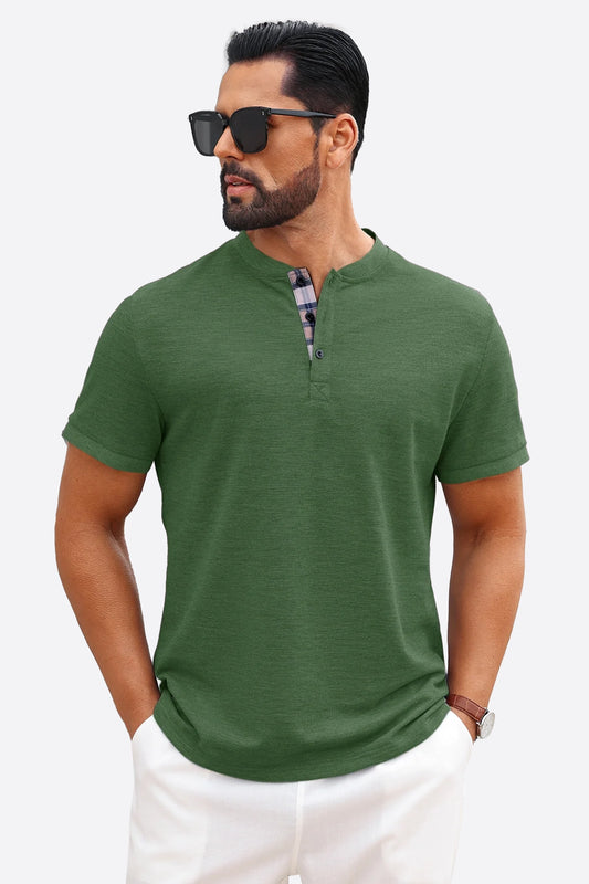 Runcati Army Green Plaid Henley T-Shirts