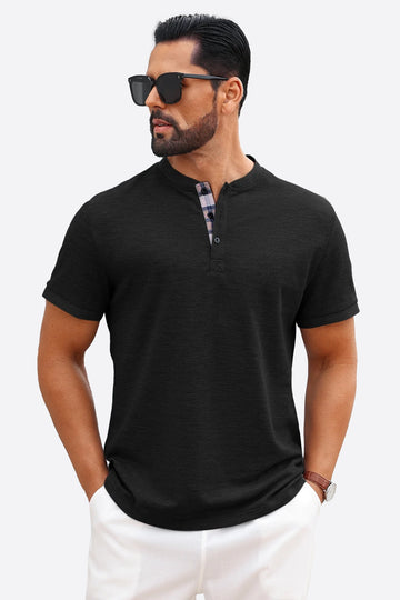 Runcati Black Plaid Henley T-Shirts