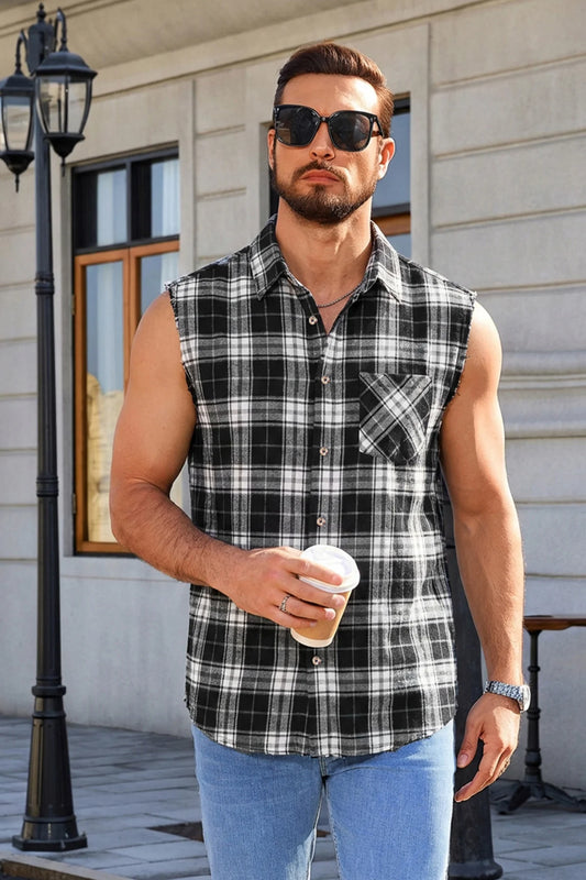 Runcati Black Sleeveless Plaid Shirts