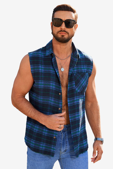 Runcati Blue Sleeveless Plaid Shirts