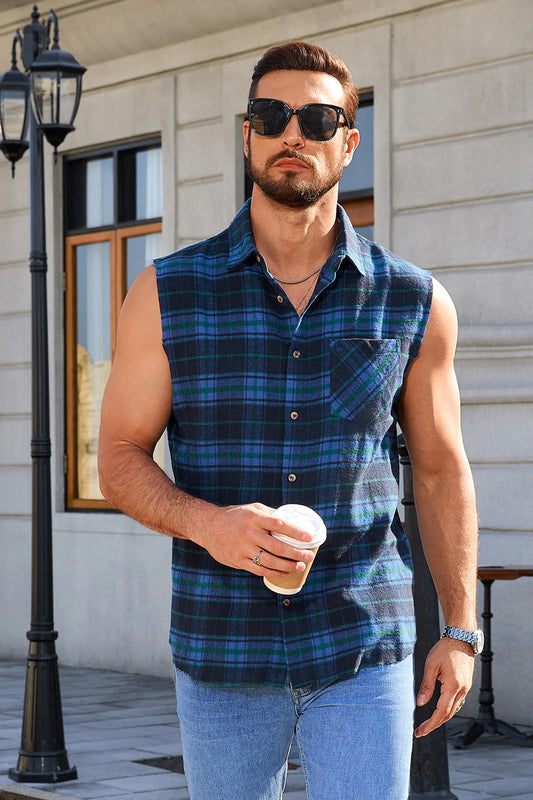 Runcati Blue Sleeveless Plaid Shirts
