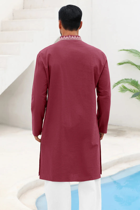 Runcati Burgundy Embroidery Thobe Shirt