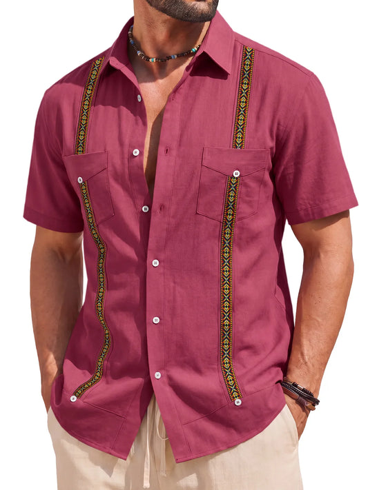 Runcati  Burgundy Guayabera Linen Shirts