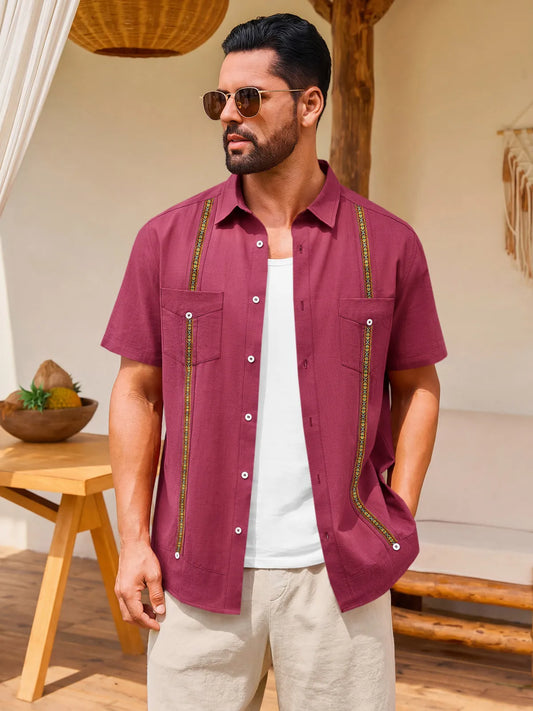 Runcati  Burgundy Guayabera Linen Shirts