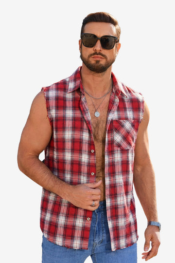 Runcati Burgundy Sleeveless Plaid Shirts