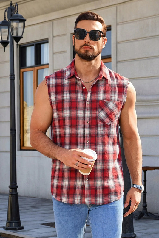 Runcati Burgundy Sleeveless Plaid Shirts